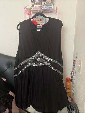 Elegant Black Midi Dress with Silver Beaded Waist